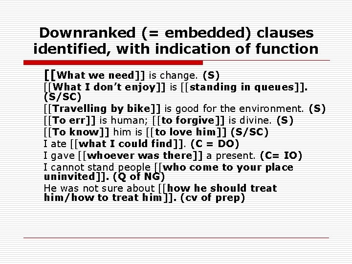 Downranked (= embedded) clauses identified, with indication of function [[What we need]] is change.