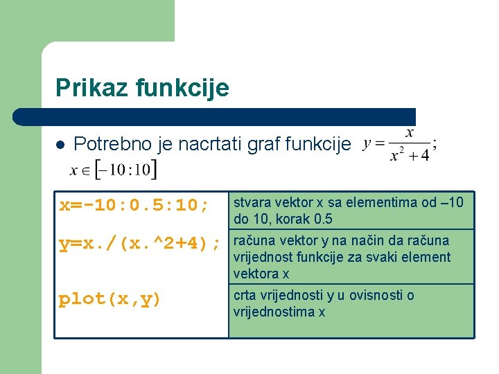 Prikaz funkcije l Potrebno je nacrtati graf funkcije x=-10: 0. 5: 10; stvara vektor