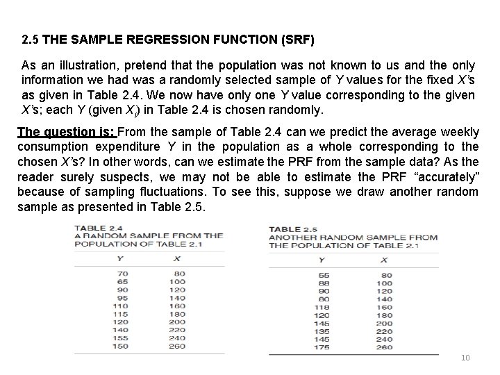 2. 5 THE SAMPLE REGRESSION FUNCTION (SRF) As an illustration, pretend that the population