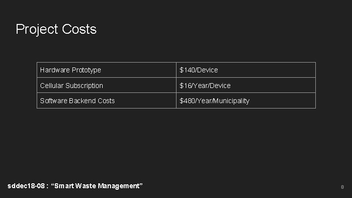 Project Costs Hardware Prototype $140/Device Cellular Subscription $16/Year/Device Software Backend Costs $480/Year/Municipality sddec 18