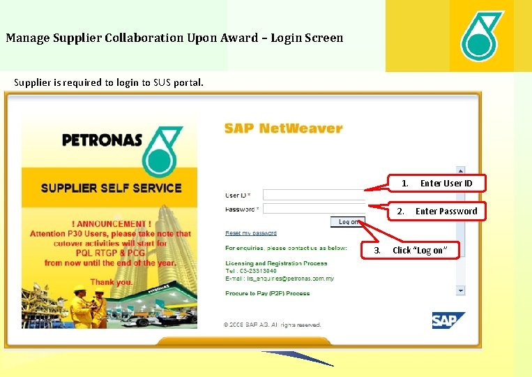 Manage Supplier Collaboration Upon Award – Login Screen Supplier is required to login to