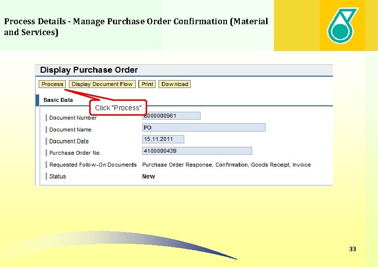 Process Details - Manage Purchase Order Confirmation (Material and Services) Click “Process” 33 