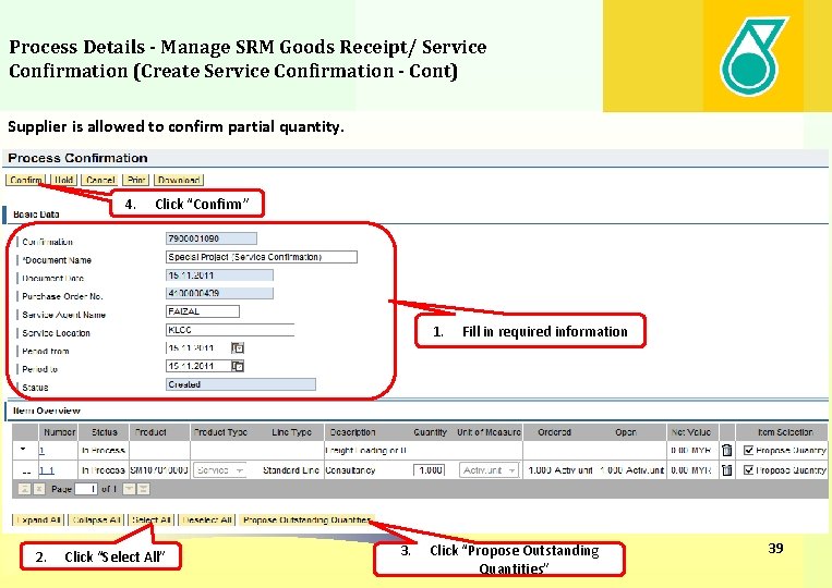 Process Details - Manage SRM Goods Receipt/ Service Confirmation (Create Service Confirmation - Cont)