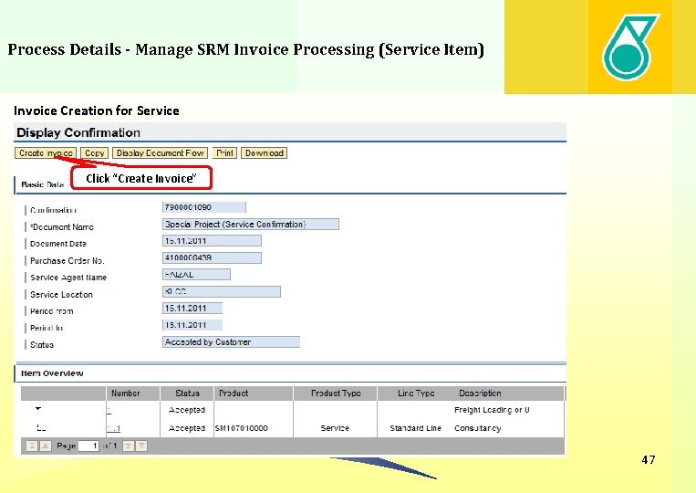 Process Details - Manage SRM Invoice Processing (Service Item) Invoice Creation for Service Click