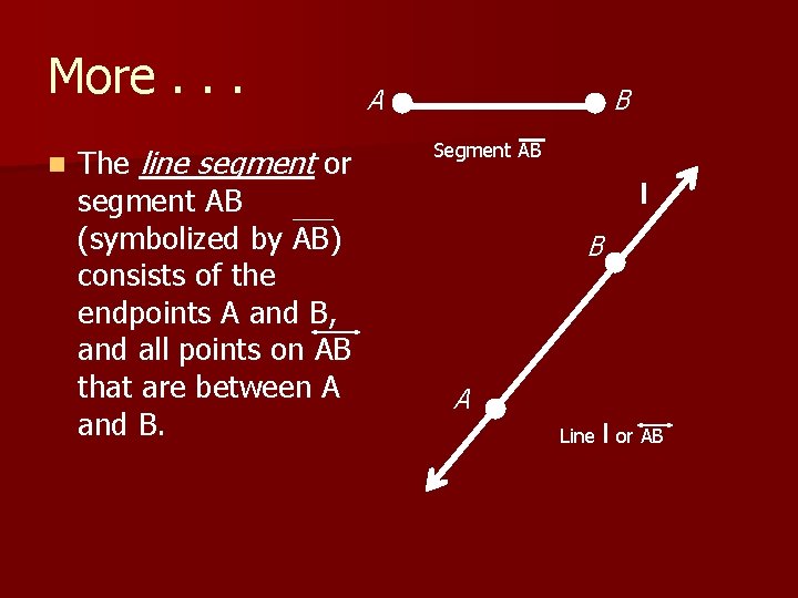 More. . . n The line segment or segment AB (symbolized by AB) consists