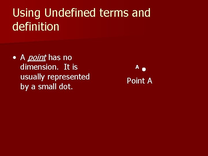 Using Undefined terms and definition • A point has no dimension. It is usually