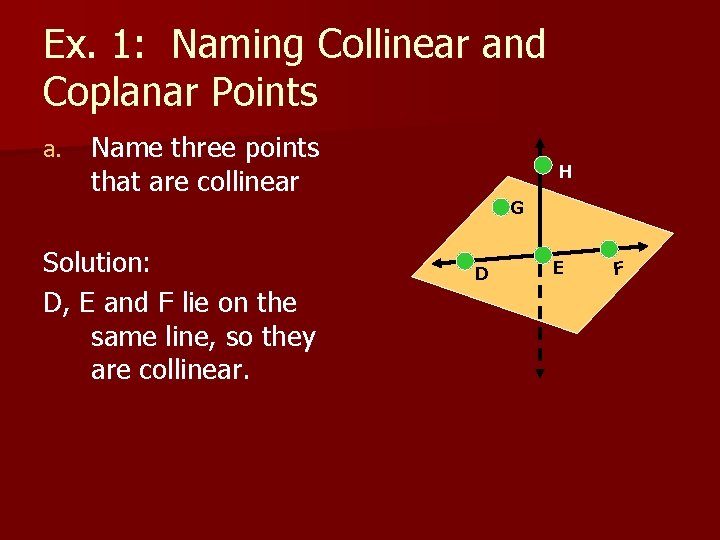 Ex. 1: Naming Collinear and Coplanar Points a. Name three points that are collinear