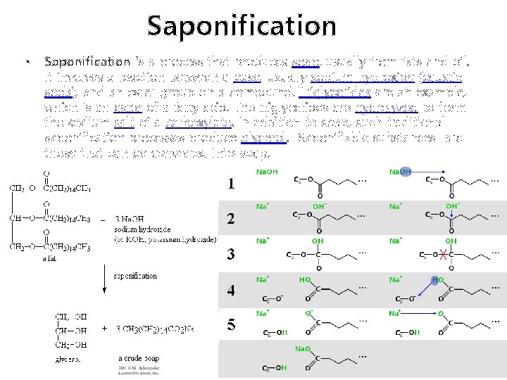 Saponification • Saponification is a process that produces soap, usually from fats and oil.
