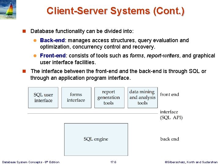 Client-Server Systems (Cont. ) n Database functionality can be divided into: l Back-end: manages