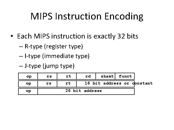 MIPS Instruction Encoding • Each MIPS instruction is exactly 32 bits – R-type (register