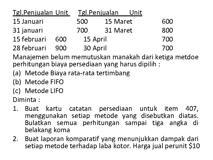 Tgl. Penjualan Unit Tgl. Penjualan Unit 15 Januari 500 15 Maret 600 31 januari Tgl. Penjualan Unit Tgl. Penjualan Unit 15 Januari 500 15 Maret 600 31 januari