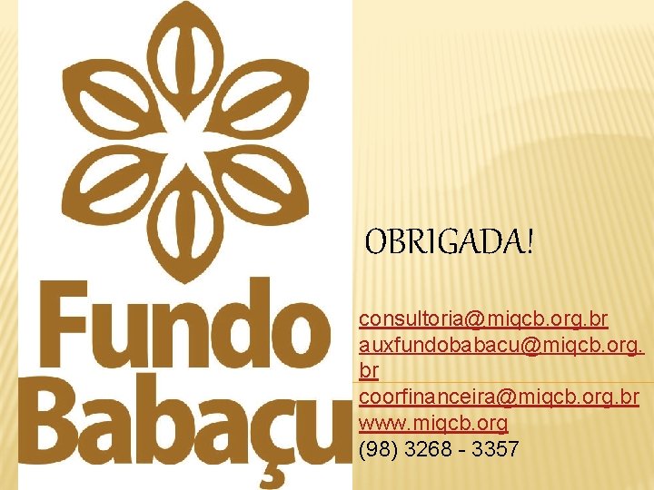 OBRIGADA! consultoria@miqcb. org. br auxfundobabacu@miqcb. org. br coorfinanceira@miqcb. org. br www. miqcb. org (98)