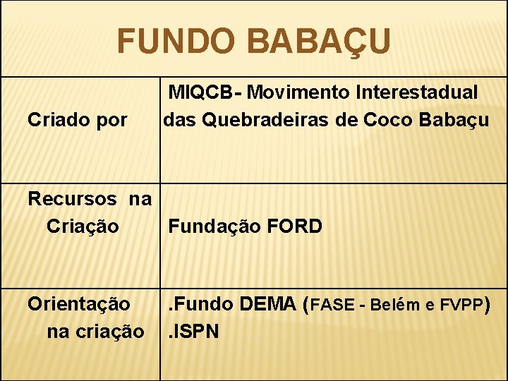 FUNDO BABAÇU Criado por MIQCB- Movimento Interestadual das Quebradeiras de Coco Babaçu Recursos na