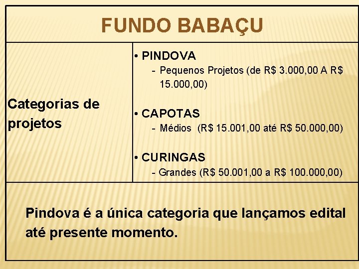 FUNDO BABAÇU • PINDOVA - Pequenos Projetos (de R$ 3. 000, 00 A R$