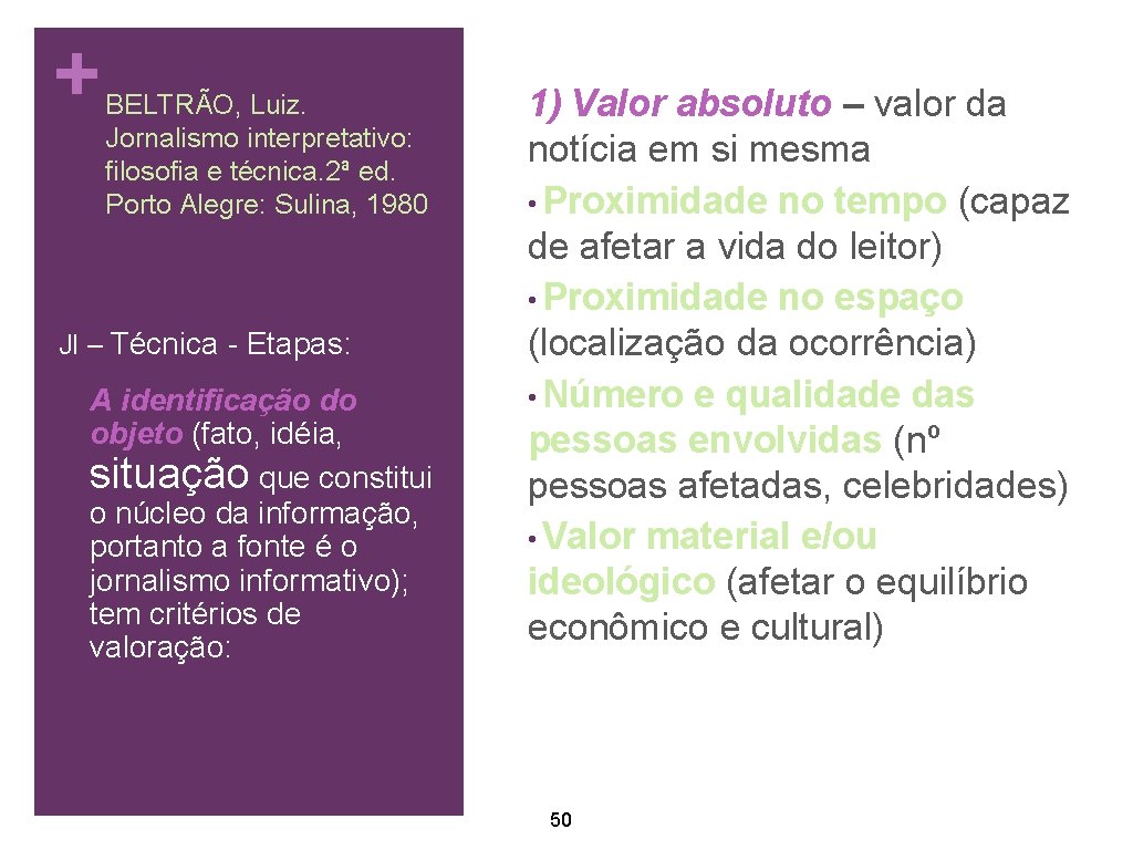 + BELTRÃO, Luiz. Jornalismo interpretativo: filosofia e técnica. 2ª ed. Porto Alegre: Sulina, 1980