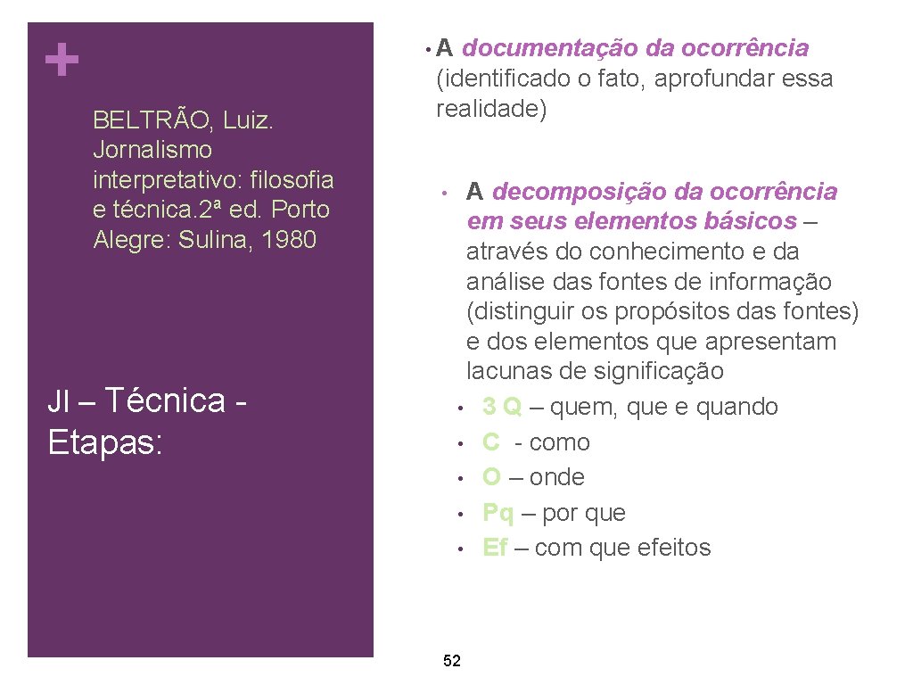 + • A documentação BELTRÃO, Luiz. Jornalismo interpretativo: filosofia e técnica. 2ª ed. Porto