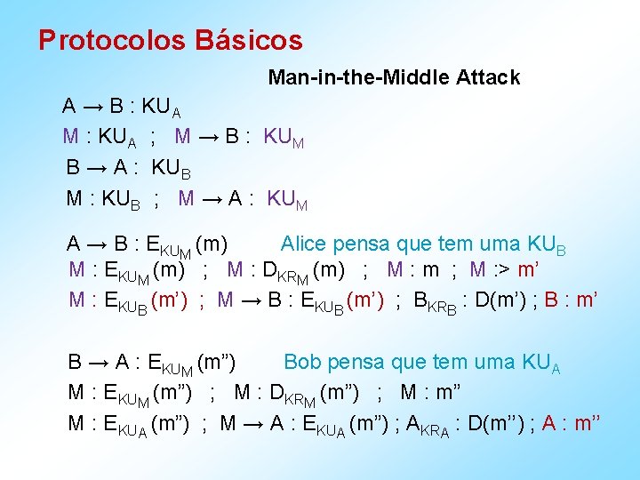 Protocolos Básicos Man-in-the-Middle Attack A → B : KUA M : KUA ; M
