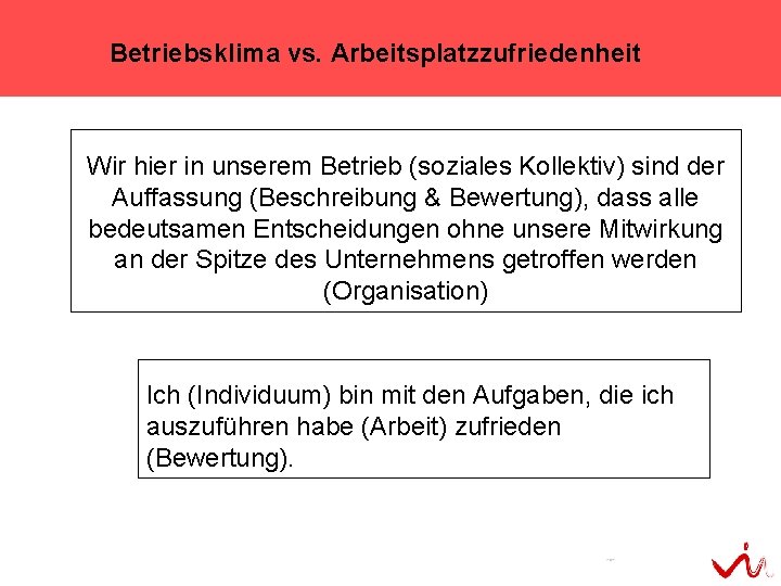 Betriebsklima vs. Arbeitsplatzzufriedenheit Wir hier in unserem Betrieb (soziales Kollektiv) sind der Auffassung (Beschreibung