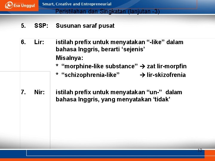 Peristilahan dan Singkatan (lanjutan -3) 5. SSP: Susunan saraf pusat 6. Lir: istilah prefix