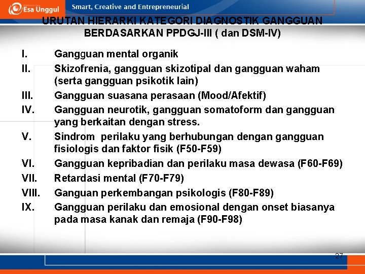URUTAN HIERARKI KATEGORI DIAGNOSTIK GANGGUAN BERDASARKAN PPDGJ-III ( dan DSM-IV) I. II. III. IV. URUTAN HIERARKI KATEGORI DIAGNOSTIK GANGGUAN BERDASARKAN PPDGJ-III ( dan DSM-IV) I. II. III. IV.