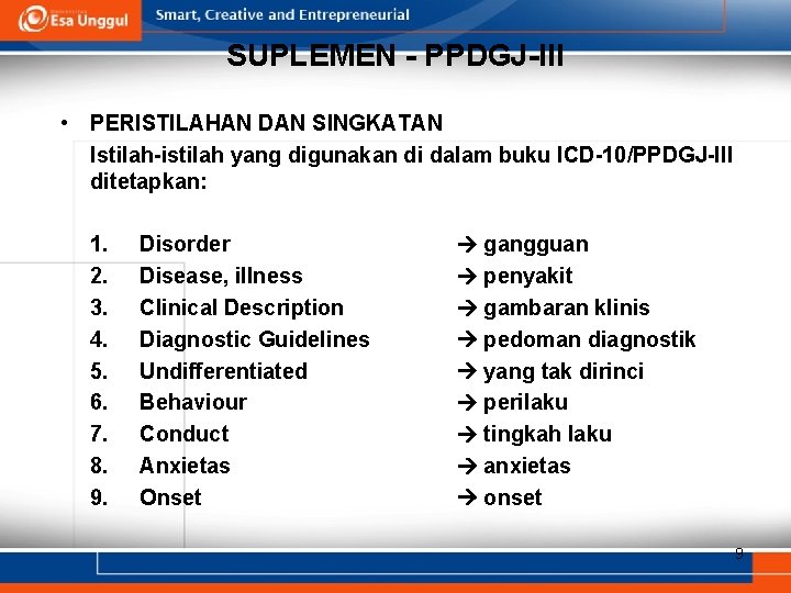 SUPLEMEN - PPDGJ-III • PERISTILAHAN DAN SINGKATAN Istilah-istilah yang digunakan di dalam buku ICD-10/PPDGJ-III