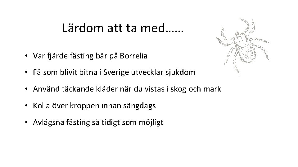 Lärdom att ta med…… • Var fjärde fästing bär på Borrelia • Få som