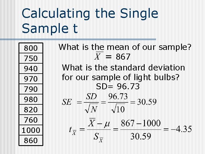 Calculating the Single Sample t 800 750 940 970 790 980 820 760 1000