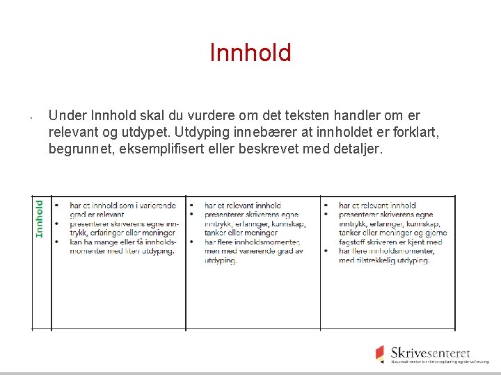 Innhold • Under Innhold skal du vurdere om det teksten handler om er relevant