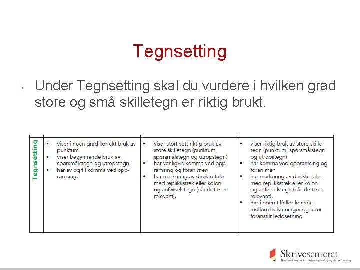 Tegnsetting • Under Tegnsetting skal du vurdere i hvilken grad store og små skilletegn