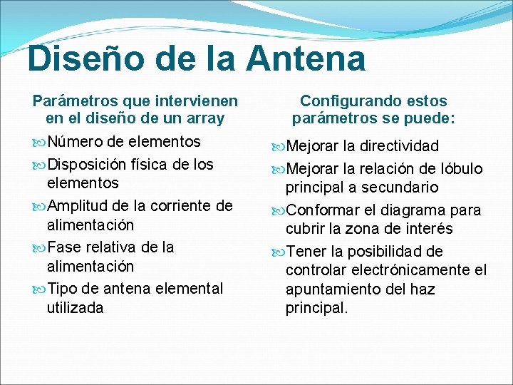 Diseño de la Antena Parámetros que intervienen en el diseño de un array Número