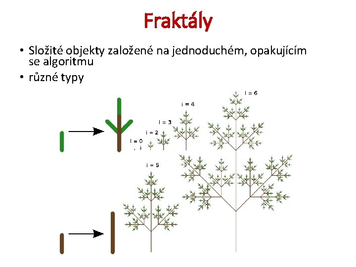 Fraktály • Složité objekty založené na jednoduchém, opakujícím se algoritmu • různé typy 