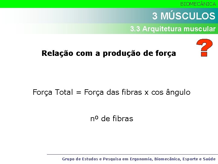 BIOMEC NICA 3 MÚSCULOS 3. 3 Arquitetura muscular Relação com a produção de força