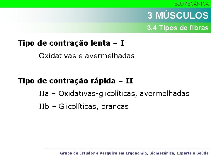 BIOMEC NICA 3 MÚSCULOS 3. 4 Tipos de fibras Tipo de contração lenta –