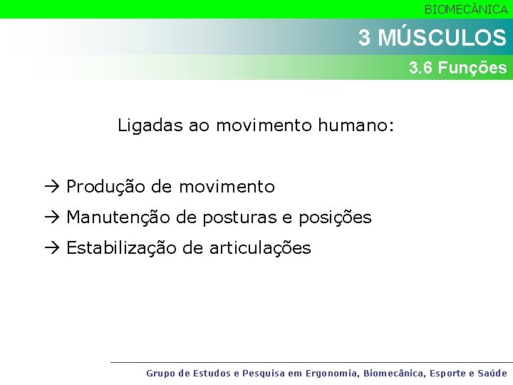 BIOMEC NICA 3 MÚSCULOS 3. 6 Funções Ligadas ao movimento humano: Produção de movimento