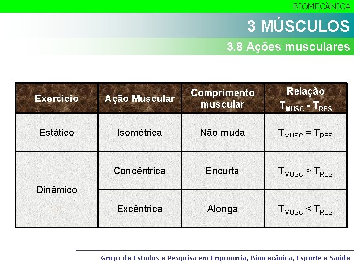 BIOMEC NICA 2 MÚSCULOS 3. 8 Ações musculares Exercício Ação Muscular Comprimento muscular Relação