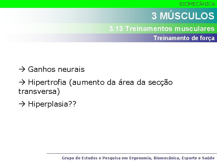 BIOMEC NICA 3 MÚSCULOS 3. 13 Treinamentos musculares Treinamento de força Ganhos neurais Hipertrofia