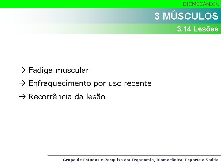BIOMEC NICA 3 MÚSCULOS 3. 14 Lesões Fadiga muscular Enfraquecimento por uso recente Recorrência
