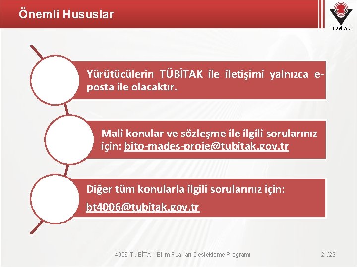 Önemli Hususlar TÜBİTAK Yürütücülerin TÜBİTAK iletişimi yalnızca eposta ile olacaktır. Mali konular ve sözleşme