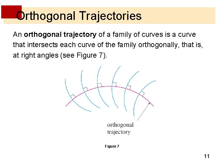 Orthogonal Trajectories An orthogonal trajectory of a family of curves is a curve that