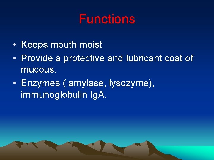 Functions • Keeps mouth moist • Provide a protective and lubricant coat of mucous.