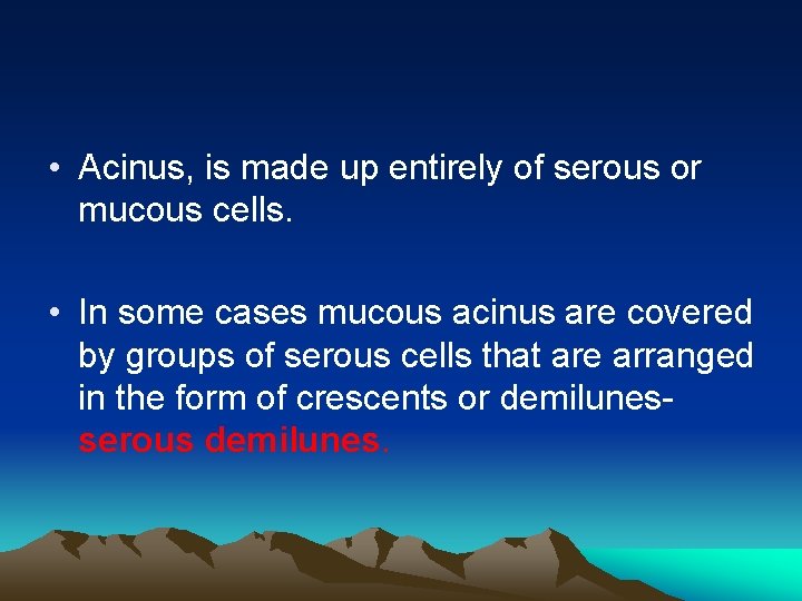  • Acinus, is made up entirely of serous or mucous cells. • In