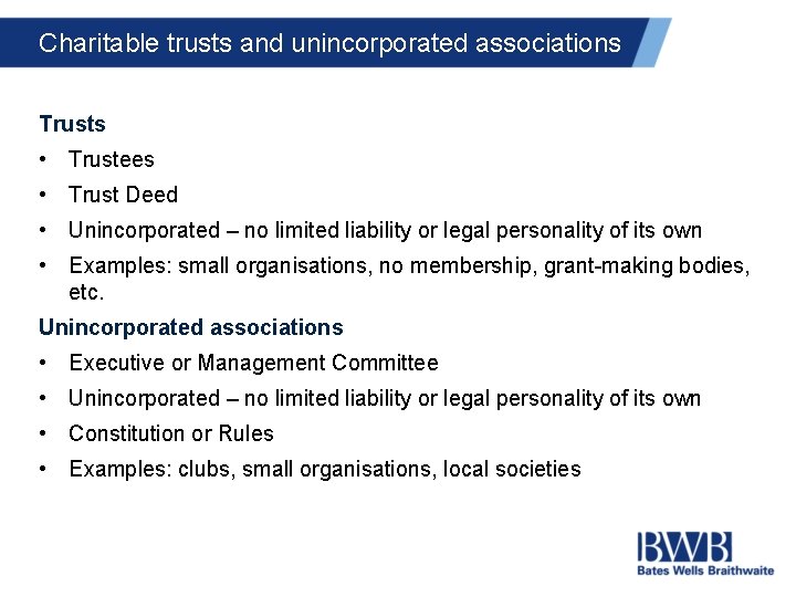 Charitable trusts and unincorporated associations Trusts • Trustees • Trust Deed • Unincorporated –