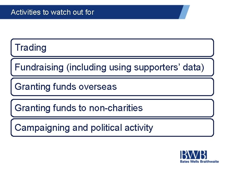 Activities to watch out for Trading Fundraising (including using supporters’ data) Granting funds overseas
