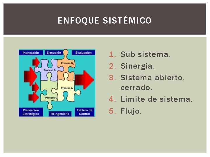 ENFOQUE SISTÉMICO 1. Sub sistema. 2. Sinergia. 3. Sistema abierto, cerrado. 4. Limite de