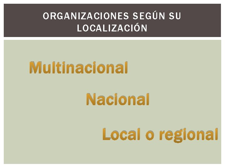 ORGANIZACIONES SEGÚN SU LOCALIZACIÓN Multinacional Nacional Local o regional 