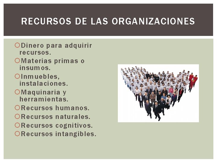 RECURSOS DE LAS ORGANIZACIONES Dinero para adquirir recursos. Materias primas o insumos. Inmuebles, instalaciones.