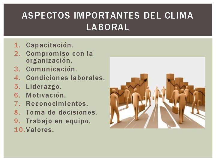 ASPECTOS IMPORTANTES DEL CLIMA LABORAL 1. Capacitación. 2. Compromiso con la organización. 3. Comunicación.