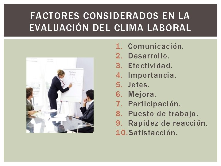 FACTORES CONSIDERADOS EN LA EVALUACIÓN DEL CLIMA LABORAL 1. Comunicación. 2. Desarrollo. 3. Efectividad.
