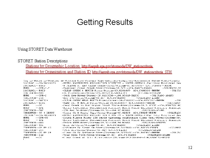 Getting Results Using STORET Data Warehouse STORET Station Descriptions Stations by Geographic Location http: