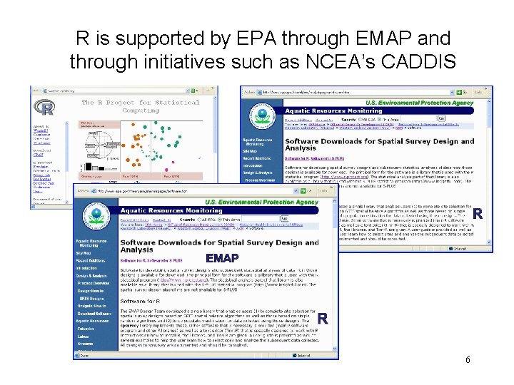 R is supported by EPA through EMAP and through initiatives such as NCEA’s CADDIS